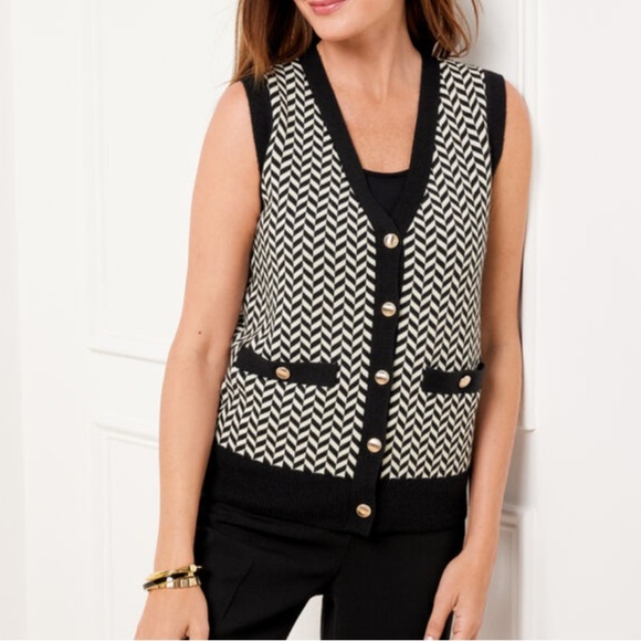Talbots Women’s Black White Wool Blend Sweater Vest Herringbone SP - Picture 1 of 7
